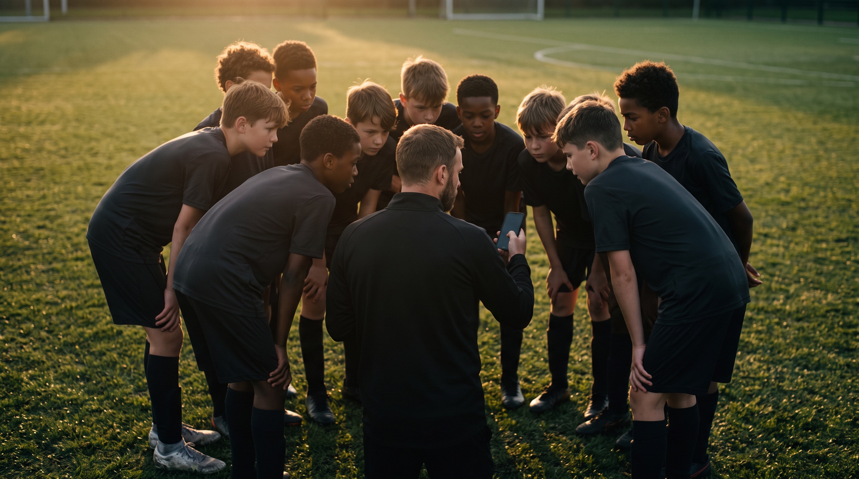 Team huddle in golden evening light